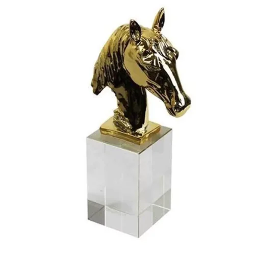 RESIN AND GLASS HORSE HEAD ON BASE