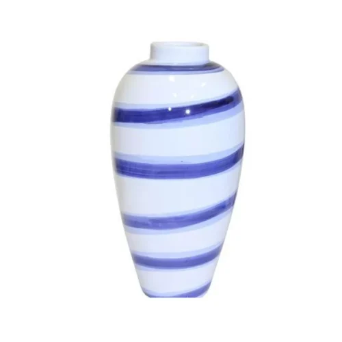 WHITE AND BLUE CERAMIC STRIPED URN