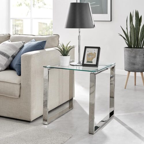 STAINLESS STEEL AND GLASS SIDE TABLE