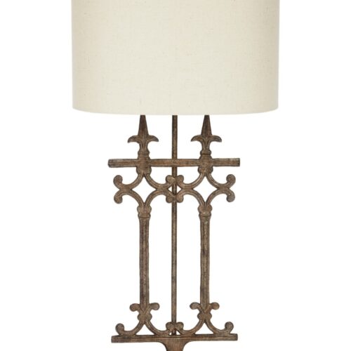 BRONZE BANISTER LAMP WITH LIGHT LINEN SHADE