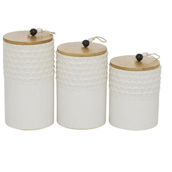 Set of 3 White Ceramic Country Cottage Decorative Jar