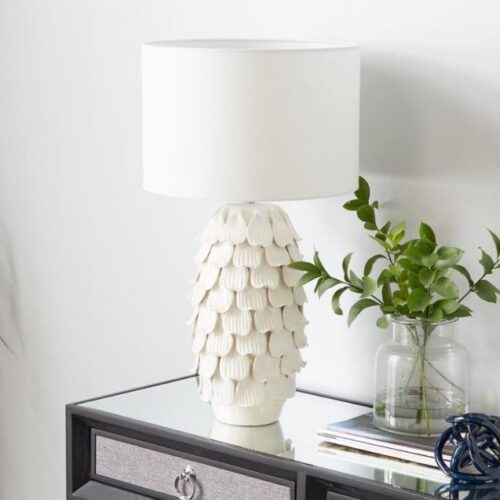 WHITE CERAMIC COASTAL TABLE LAMP 15” X 15”X 28″H