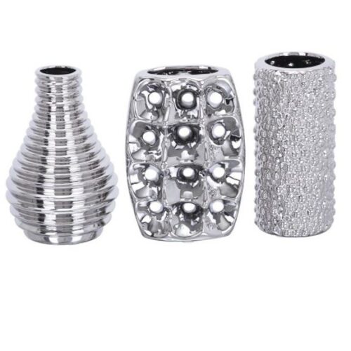 ASSORTMENT OF 3 SILVER CERAMIC GLAM VASE