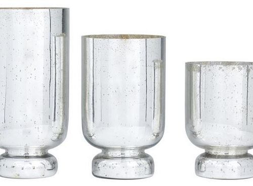 SET OF 3 SILVER GLASS GLAM CANDLE HOLDERS, 12″ X 6″ X 6″