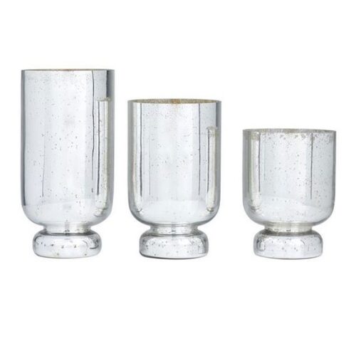 SET OF 3 SILVER GLASS GLAM CANDLE HOLDERS, 12″ X 6″ X 6″