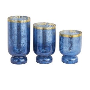 SET OF 3 BLUE GLASS COASTAL CANDLE HOLDER, 6″ X 12″