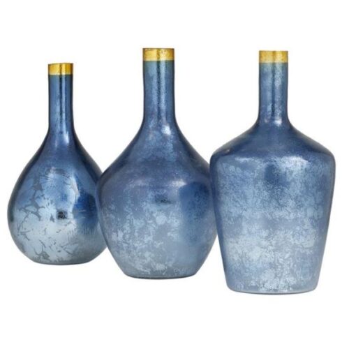 SET OF 3 BLUE GLASS COASTAL VASES, 14″ X 7″ X 7″