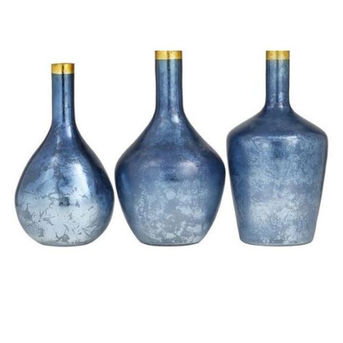 SET OF 3 BLUE GLASS COASTAL VASES, 14″ X 7″ X 7″