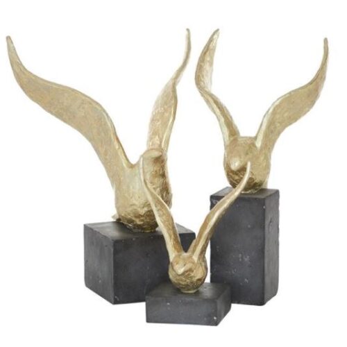 SET OF 3 GOLD POLYSTONE BIRDS SCULPTURE 14″, 15″, 9″H