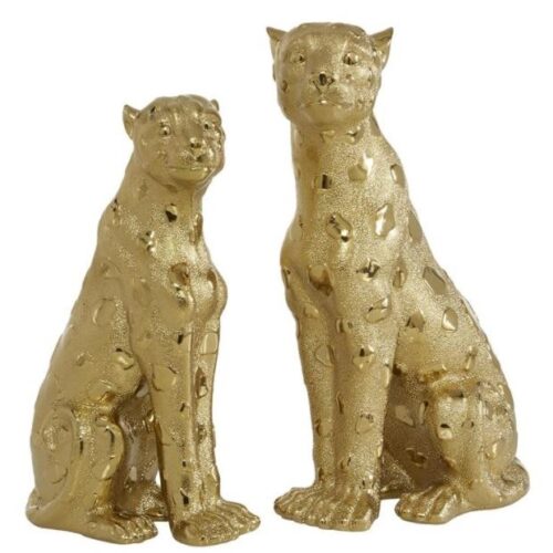 SET OF 2 GOLD RESIN GLAM LEOPARD SCULPTURE, 10″, 12″