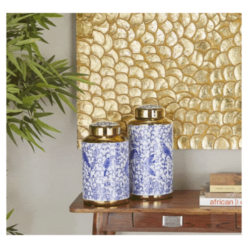 BLUE CERAMIC FLORAL DECORATIVE JARS, SET OF 2