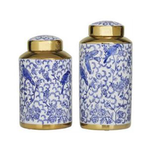 BLUE CERAMIC FLORAL DECORATIVE JARS, SET OF 2