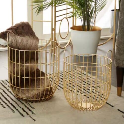 GOLD METAL CONTEMPORARY STORAGE BASKET SET OF 2