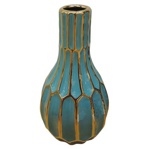 12″ TURQUOISE/GOLD CERAMIC VASE