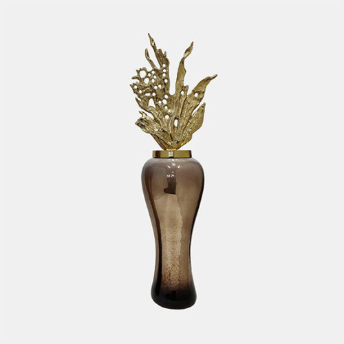 VASE W/ LEAF LIKE LID, CHAMPAGNE