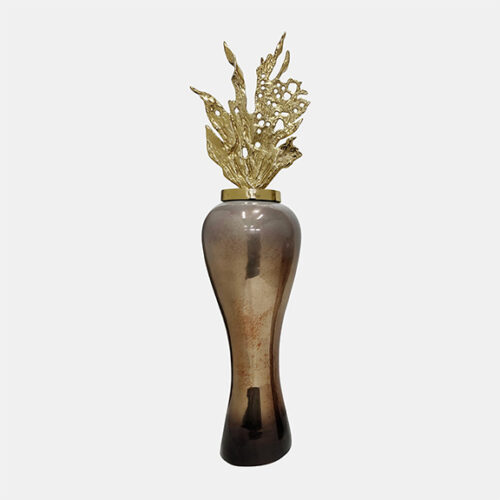 VASE W/ LEAF LIKE LID, CHAMPAGNE