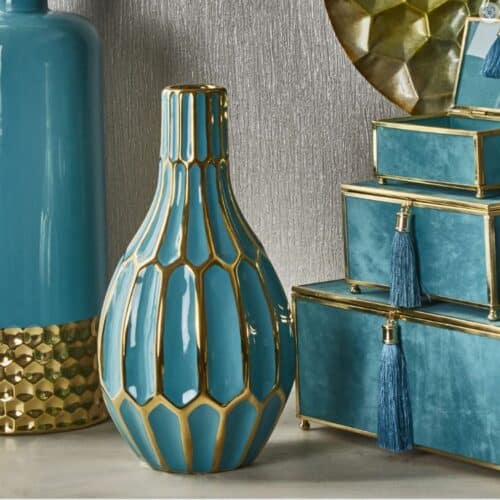 12″ TURQUOISE/GOLD CERAMIC VASE