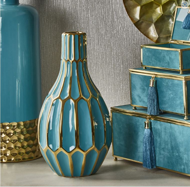 12" TURQUOISE/GOLD CERAMIC VASE - Image 2