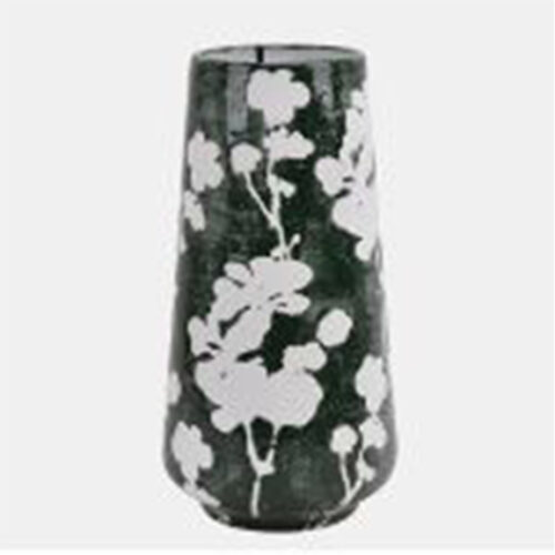 13″ FLORAL VASE, GREEN/WHITE