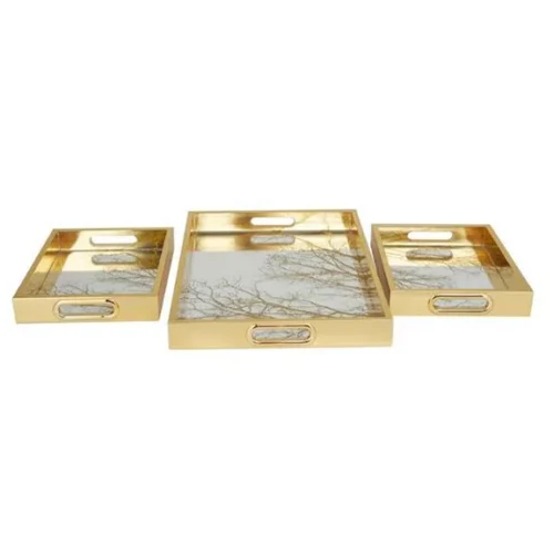 GOLD PLASTIC GEOMETRIC MIRRORED TRAY, LARGE