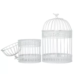 WHITE METAL BIRDCAGE WITH LATCH LOCK CLOSURE AND HANGING HOOK, SET OF 2