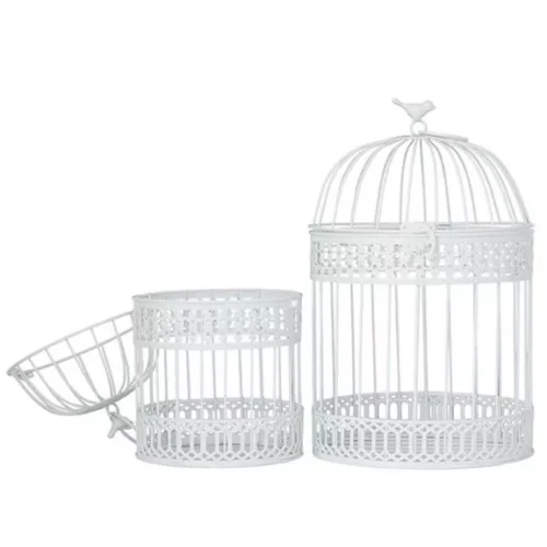 WHITE METAL BIRDCAGE WITH LATCH LOCK CLOSURE AND HANGING HOOK, SET OF 2