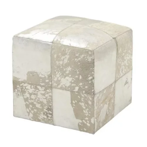 WHITE LEATHER HANDMADE STOOL WITH SILVER FOIL PAINT