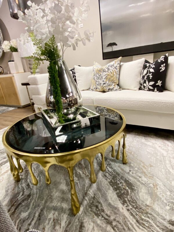 GOLD ALUMINUM DRIP COFFEE TABLE WITH MELTING DESIGNED LEGS AND SHADED GLASS TOP - Image 3