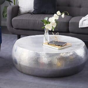 SILVER ALUMINUM DRUM SHAPED COFFEE TABLE