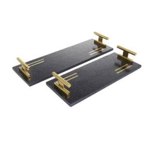 BLACK MARBLE TRAY WITH GOLD HANDLES, SET OF 2