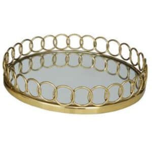 GOLD STAINLESS STEEL MIRRORED TRAY WITH CIRCLE PATTERNED SIDES, 16″
