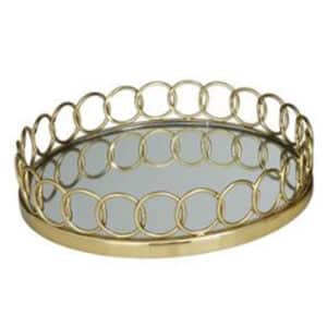 GOLD STAINLESS STEEL MIRRORED TRAY WITH CIRCLE PATTERNED SIDES, 14″