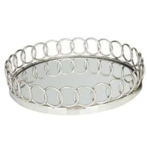 SILVER STAINLESS STEEL MIRRORED TRAY WITH CIRCLE PATTERNED SIDES, 16″