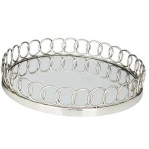 SILVER STAINLESS STEEL MIRRORED TRAY WITH CIRCLE PATTERNED SIDES, 14″