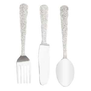 SILVER ALUMINUM UTENSILS KNIFE, SPOON AND FORK WALL DECOR, SET OF 3