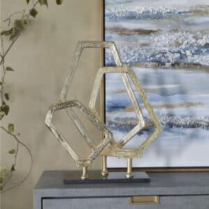 GOLD ALUMINUM GEOMETRIC SCULPTURE WITH MARBLE BASE