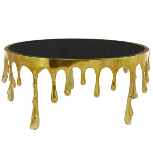 GOLD ALUMINUM DRIP COFFEE TABLE WITH MELTING DESIGNED LEGS AND SHADED GLASS TOP