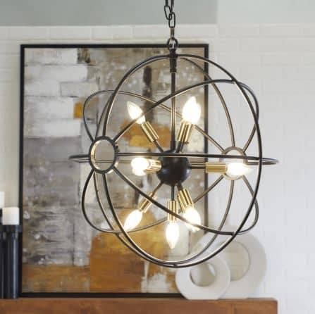 BLACK METAL CAGED 10 LIGHT CHANDELIER WITH LINK STYLE CHAIN