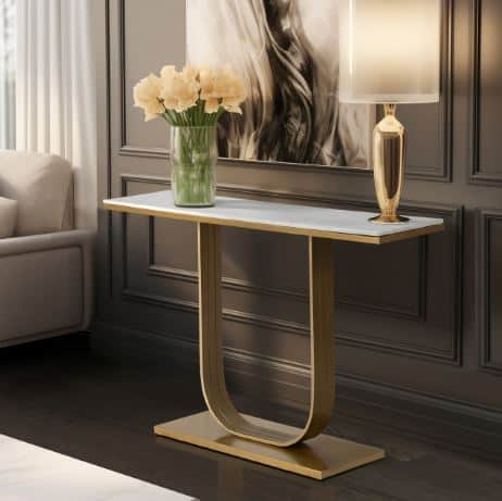 METAL AND MARBLE ACCENT TABLE, GOLD/ WHITE - Image 4