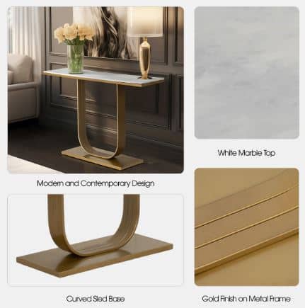 METAL AND MARBLE ACCENT TABLE, GOLD/ WHITE - Image 5