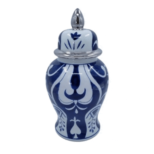 14″ CERAMIC WHITE AND BLUE TEMPLE VASE, SILVER