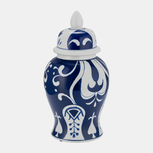 14″ CERAMIC BLUE AND WHITE TEMPLE JAR