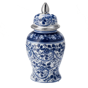 14″CERAMIC BLUE AND WHITE TEMPLE JAR, SILVER