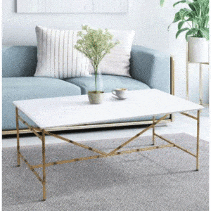 WHITE COFFEE TABLE WITH GOLD METAL BAMBOO LEGS