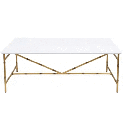 WHITE COFFEE TABLE WITH GOLD METAL BAMBOO LEGS