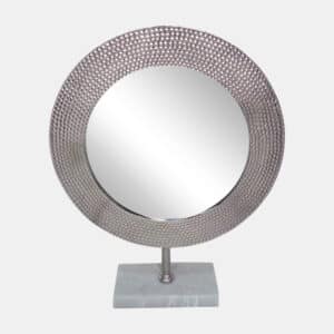 METAL 21″ HAMMERED MIRROR ON STAND, SILVER