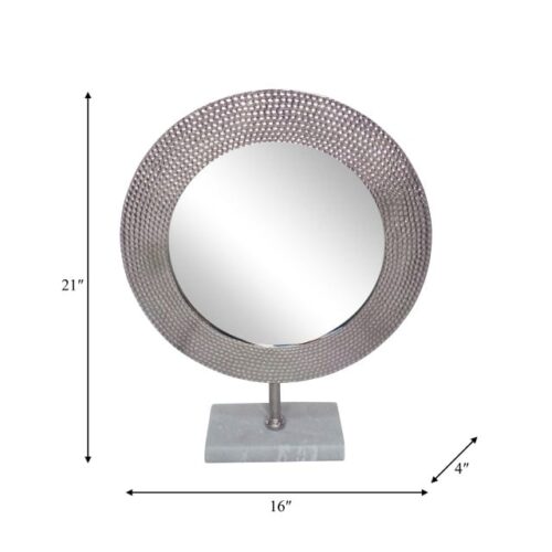 METAL 21″ HAMMERED MIRROR ON STAND, SILVER