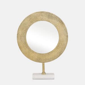 METAL 19″ HAMMERED MIRROR ON STAND, GOLD
