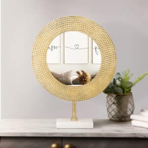 METAL 19″ HAMMERED MIRROR ON STAND, GOLD