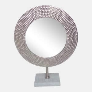 METAL 19″ HAMMERED MIRROR ON STAND, SILVER